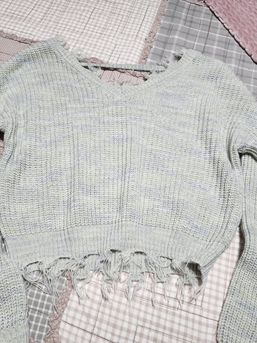 Cloud Chaser Distressed V-Neck Cropped Sweater in Light Sage